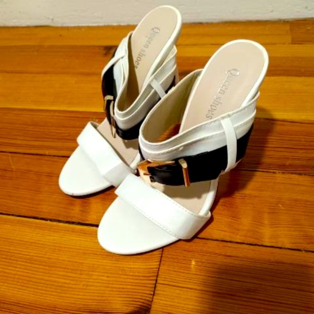 Black white open toe heels.